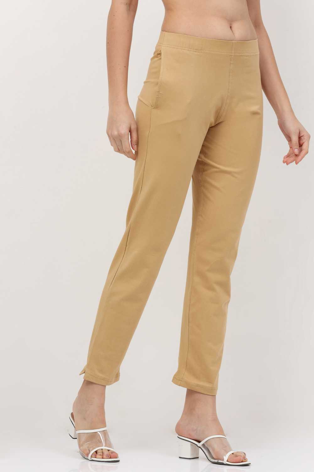 NTX - Womens Cotton Flex Ankle Length Trouser Pants/Regular Pants for Women  (Biscuit Colour)