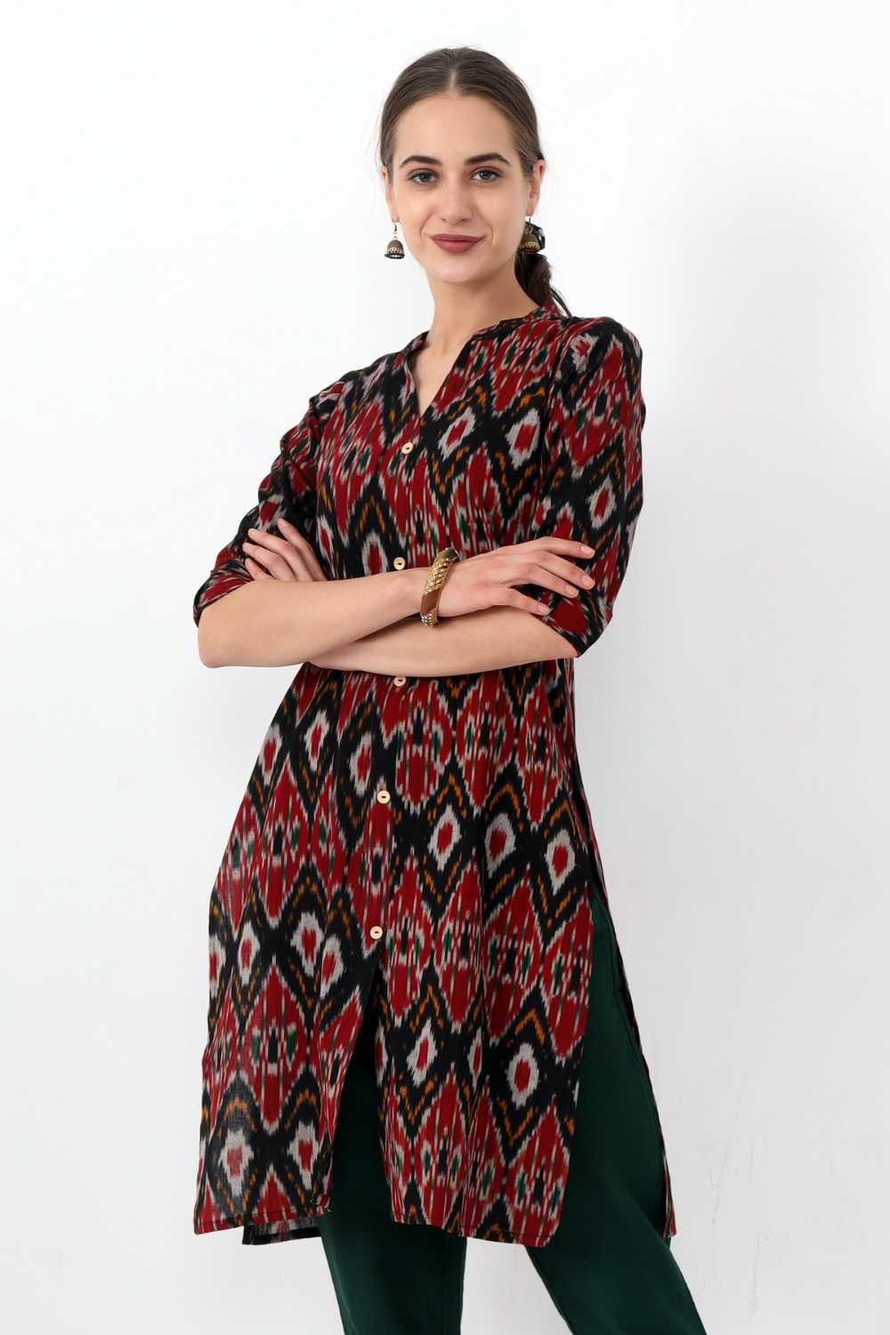 Staright Cut Ikat Kurta With Beautiful Emroidery Pattern | Designer kurtis  online, Designer sarees online, Saree shopping