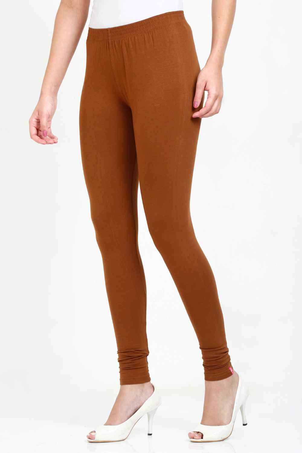 Mid Waist Dark Brown Cotton Lycra Ankle Length Leggings, Casual